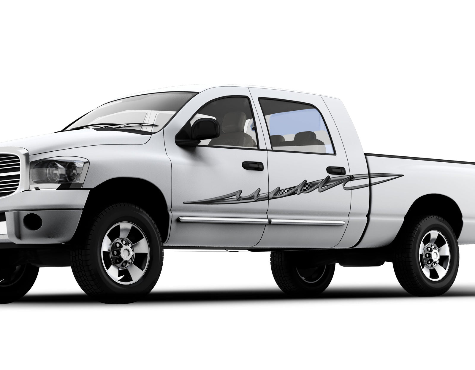 pulse checkered vinyl stripe decal on the side of white truck