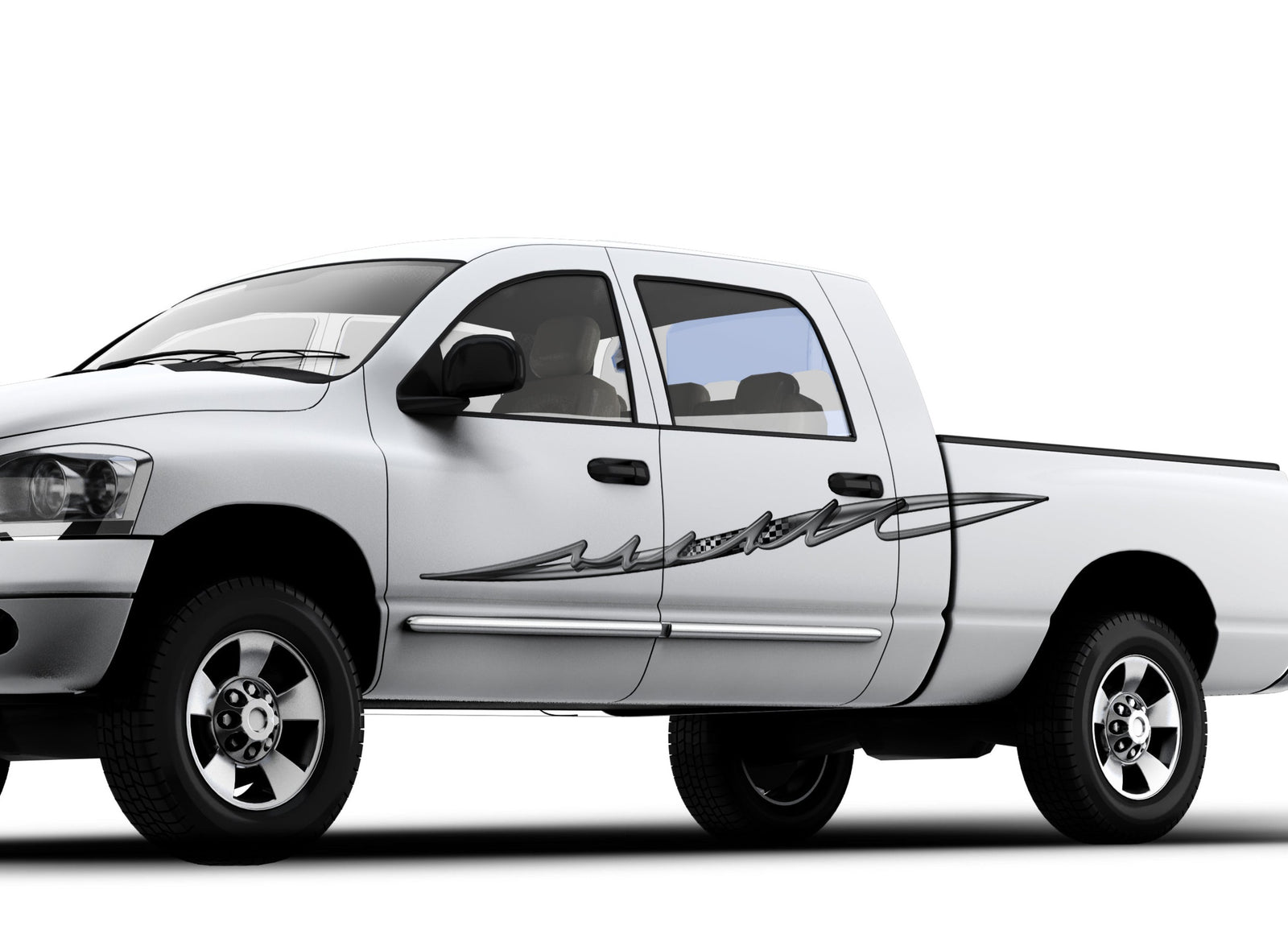 pulse checkered vinyl graphic stripe on the side of white truck