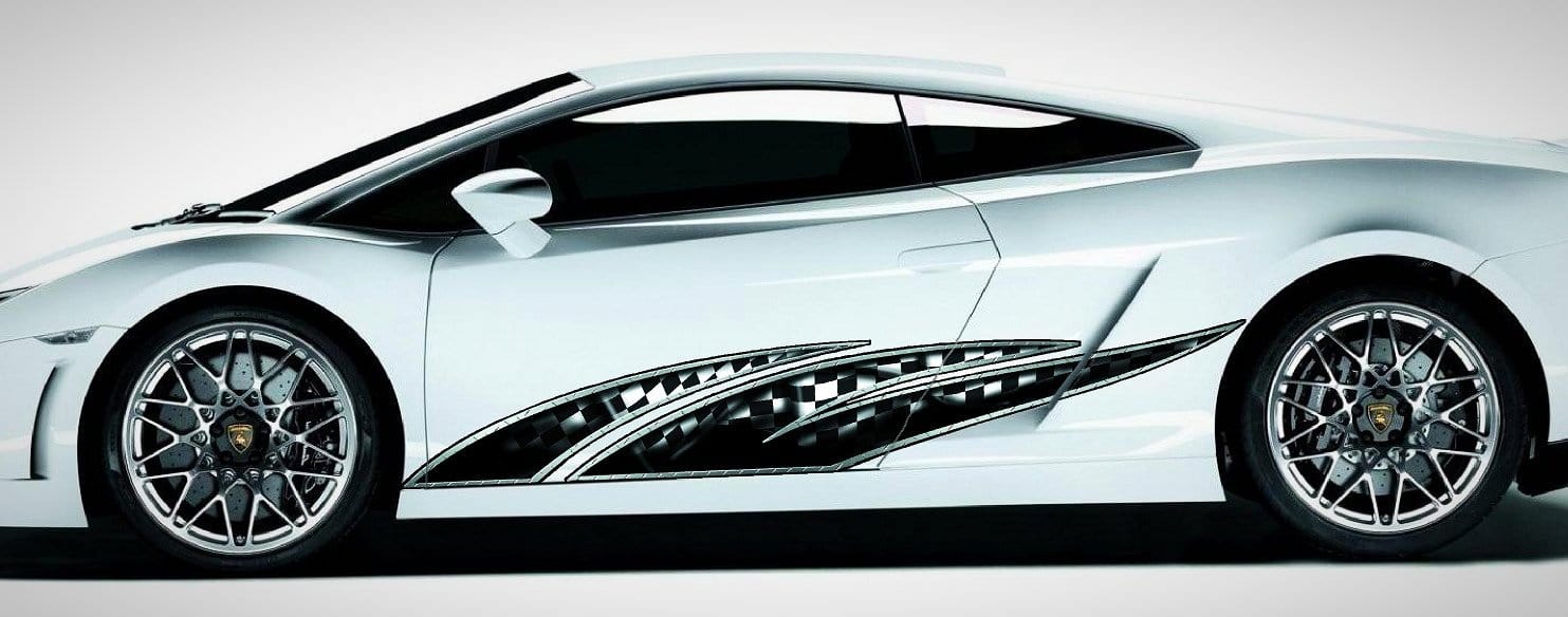 checkers black wave vinyl graphics on formula race car