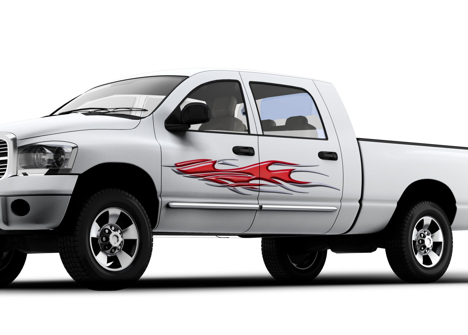 chrome red flames decal on the side of white truck
