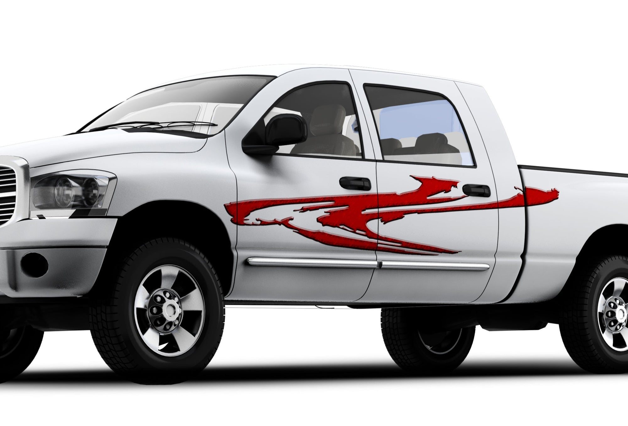 red smear vinyl decals on the side of white truck