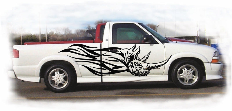 rhino flame decal on the side of white pickup