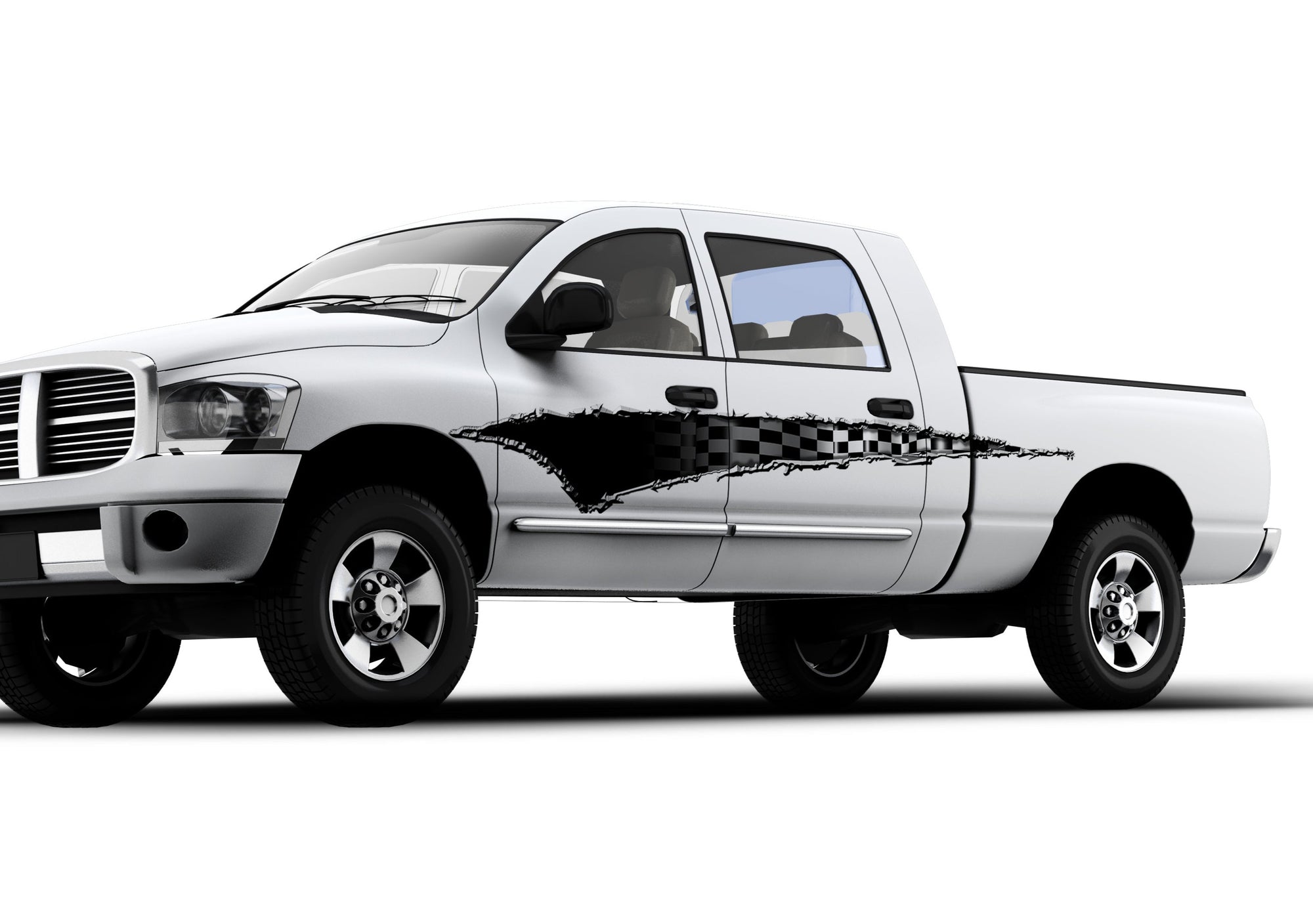 scratch checkers tear vinyl decal on the side of white pickup truck