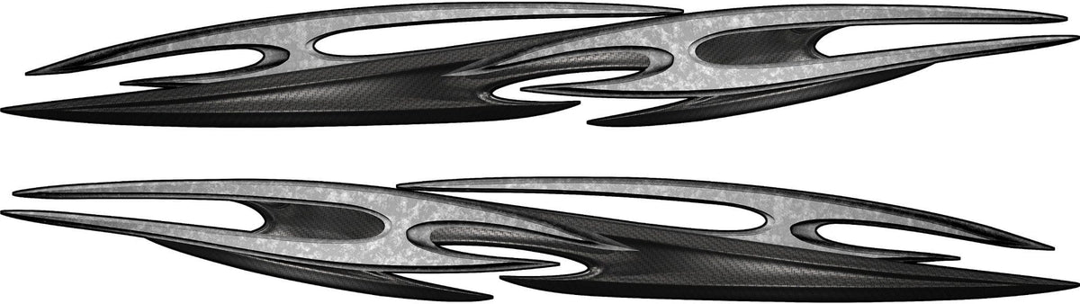 set of two tribal carbon fiber decals, driver side and passenger side on white background.