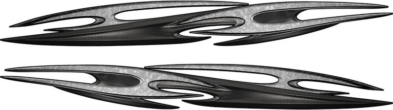 set of two tribal carbon fiber decals, driver side and passenger side on white background.