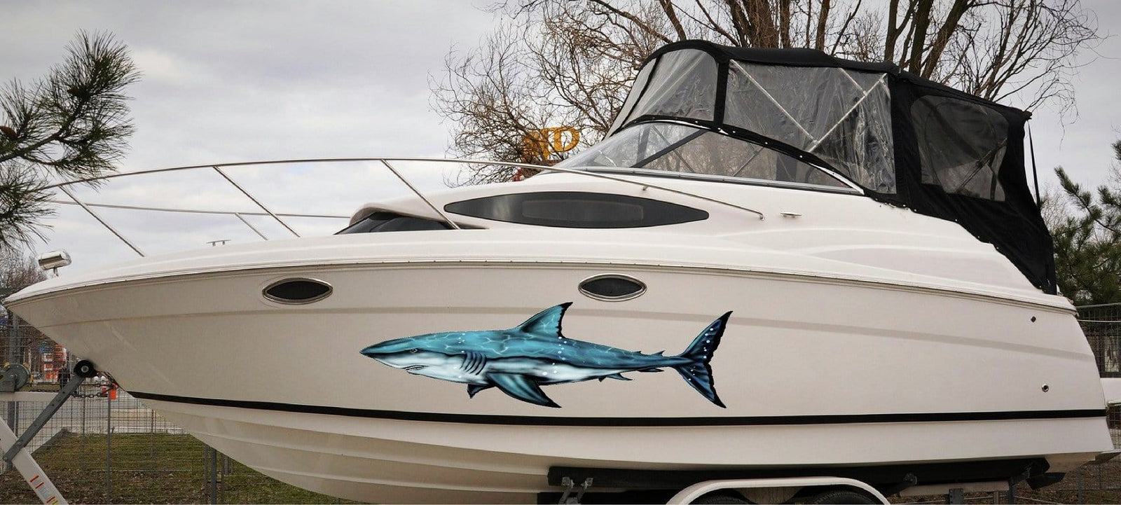 shark vinyl graphics on white boat