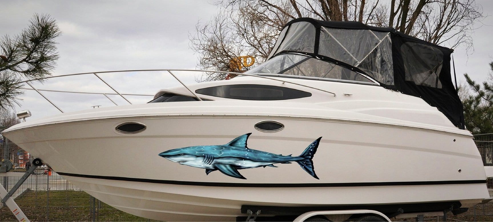 shark vinyl graphics on white boat