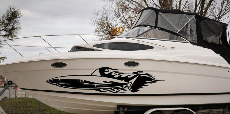 shark flames vinyl graphics on boat