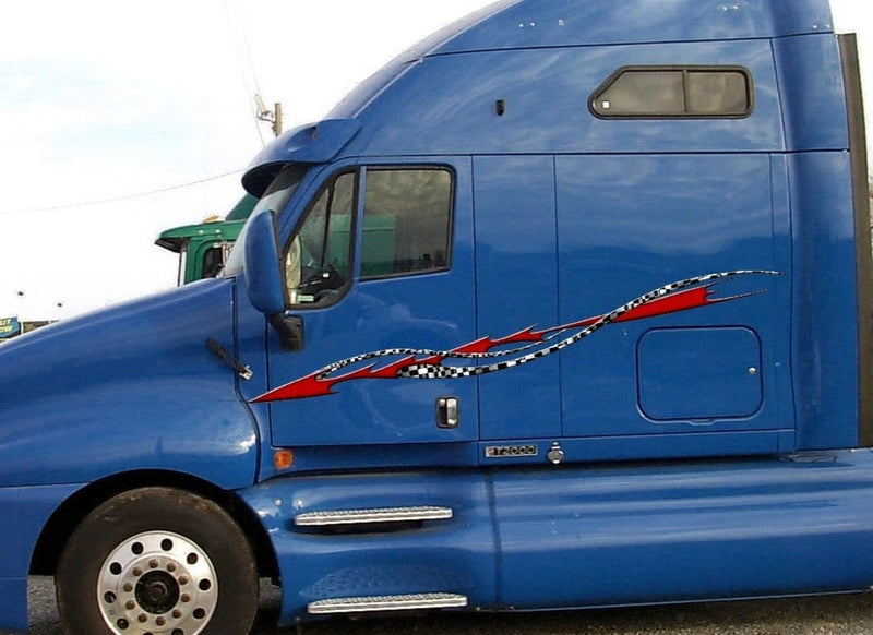 Checkers vinyl stripe graphics on blue semi