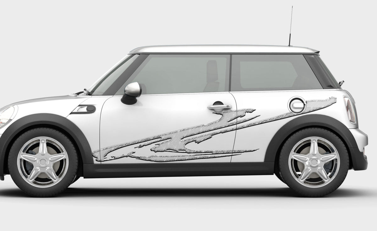 silver smear viny graphics on white mini cooper