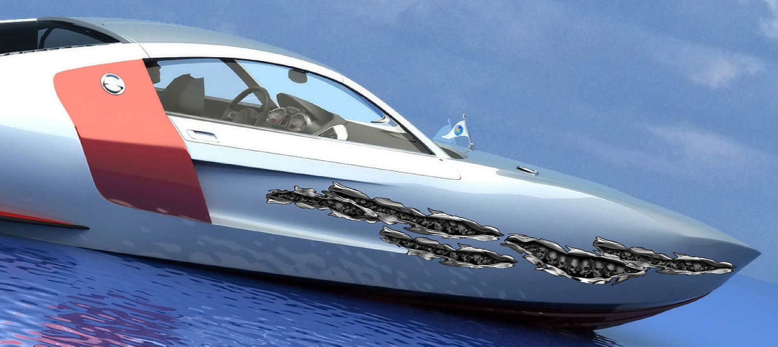 Skulls rip vinyl decals on speed boat