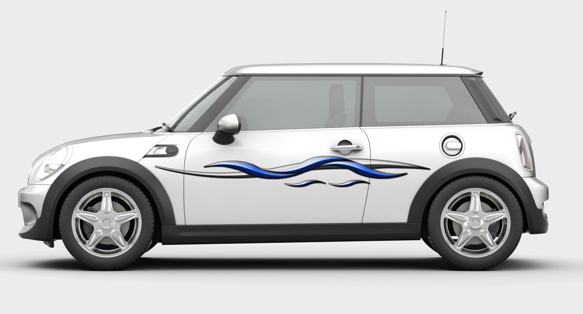 spear blue printed vinyl graphics on white mini cooper car