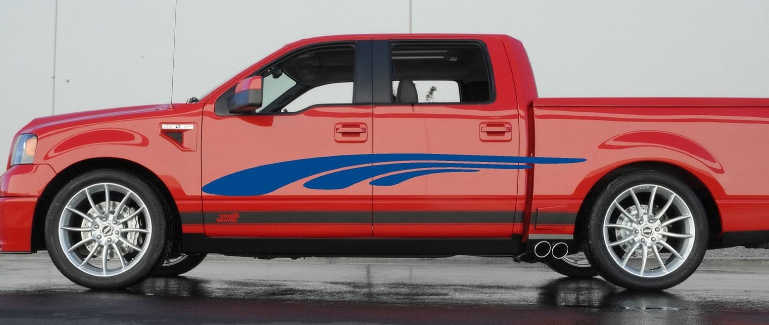 black vinyl graphic stripes on the side of white truck