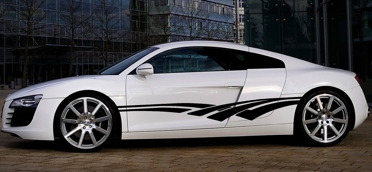 Black vinyl stripes on the side of sports car