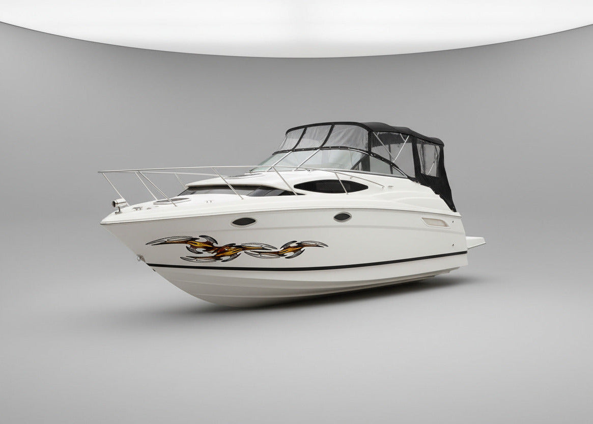 tribal links vinyl decals on the side of white boat