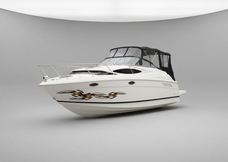 tribal links vinyl decals on the side of white boat