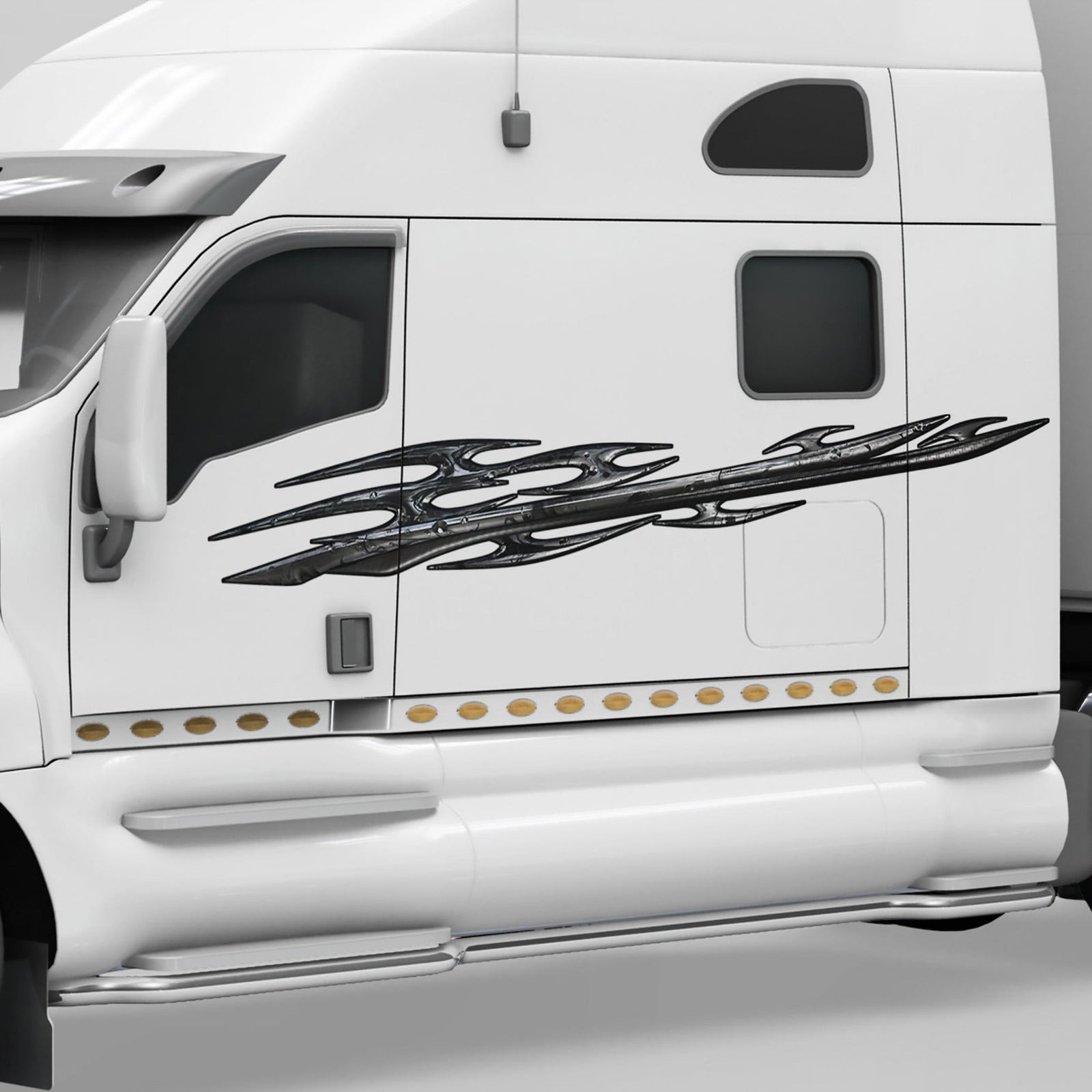 tribal attack graphics on the side of white semi truck