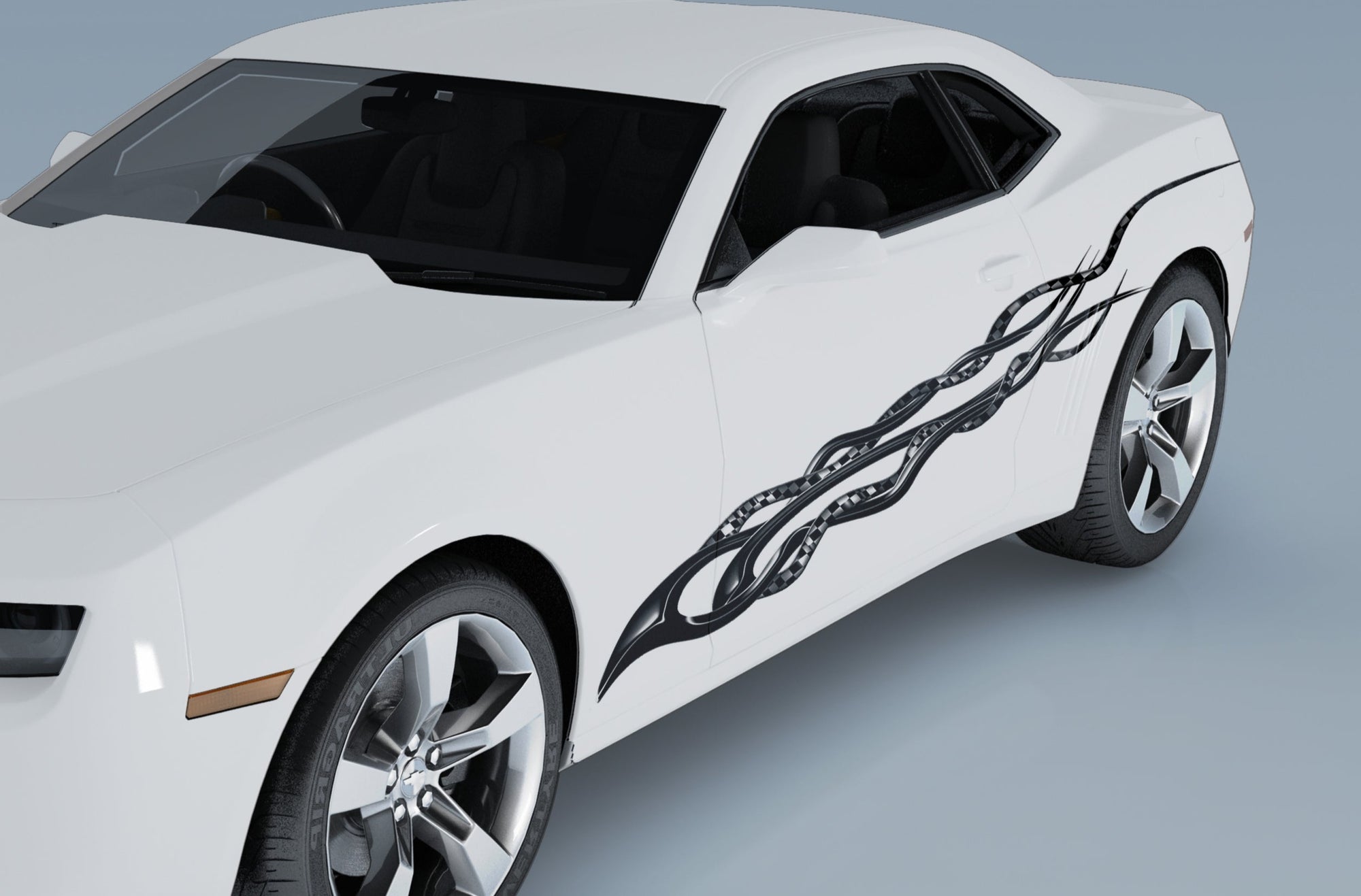 twisted flames with checkers vinyl graphics on the side of white truck