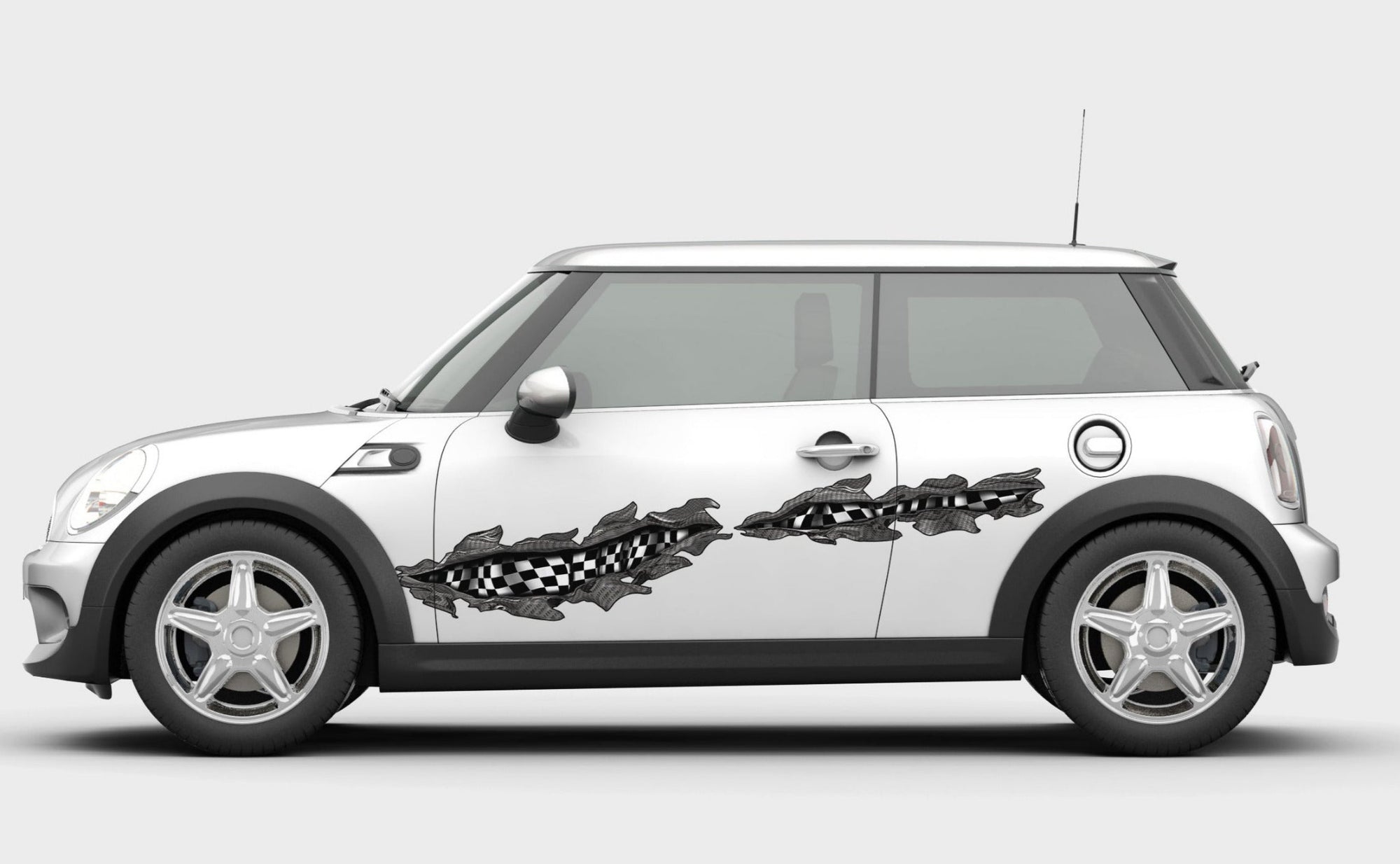 white mini cooper with checkered flag tears vinyl graphics on driver side