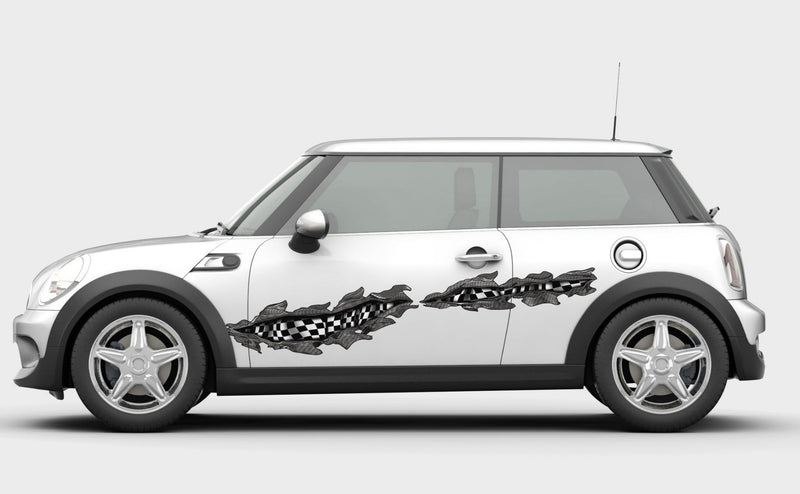 white mini cooper with checkered flag tears vinyl graphics on driver side