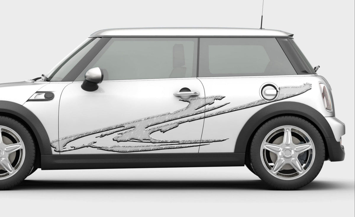white mini cooper with silver smear vinyl graphics on driver side
