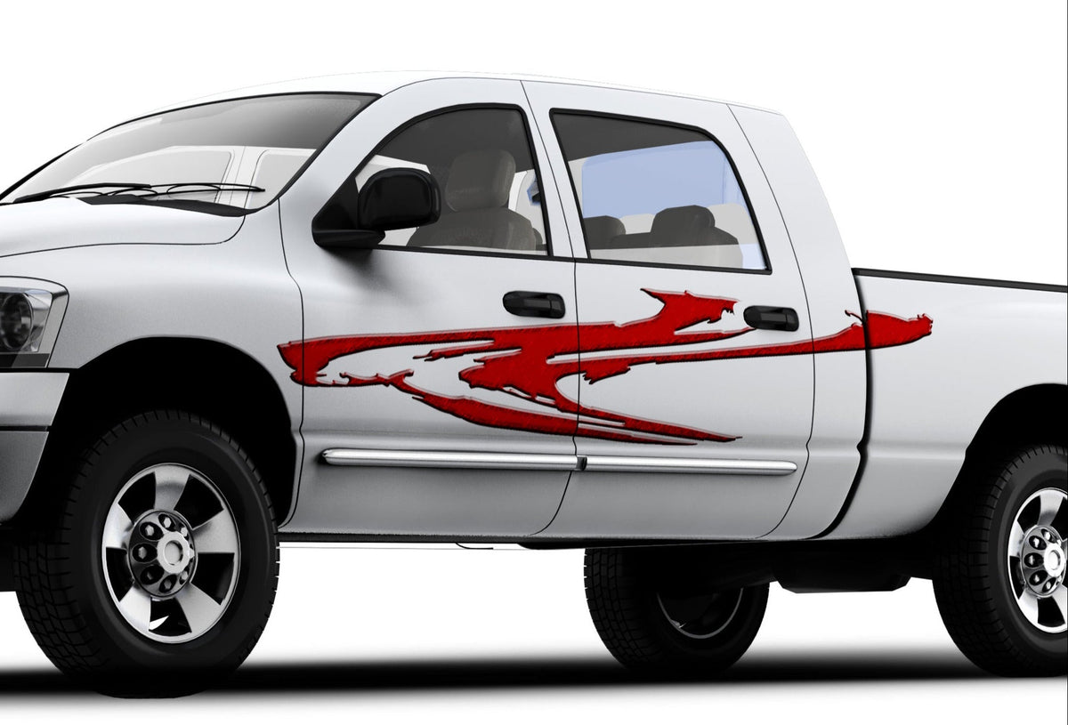 white pickup with red smear decal on driver side