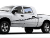 white pickup with silver checkers vinyl stripe on driver side
