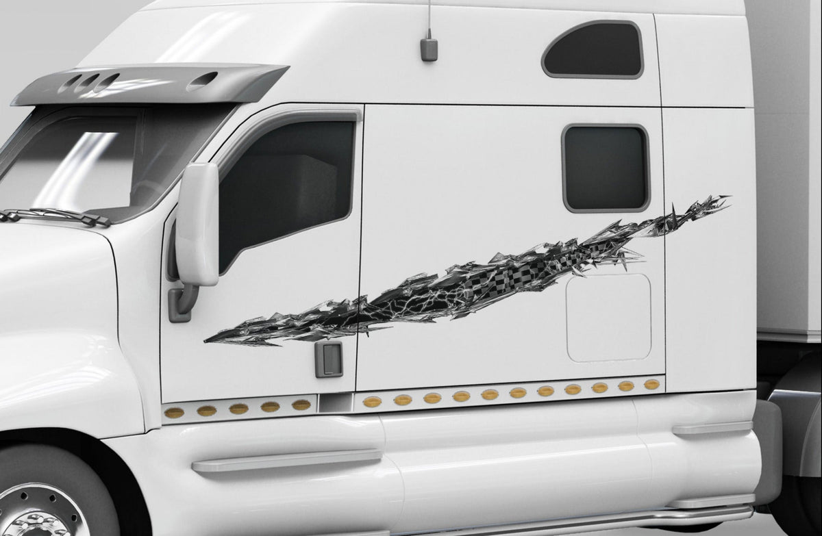 white semi with lightning black checkers tear vinyl graphics on driver side