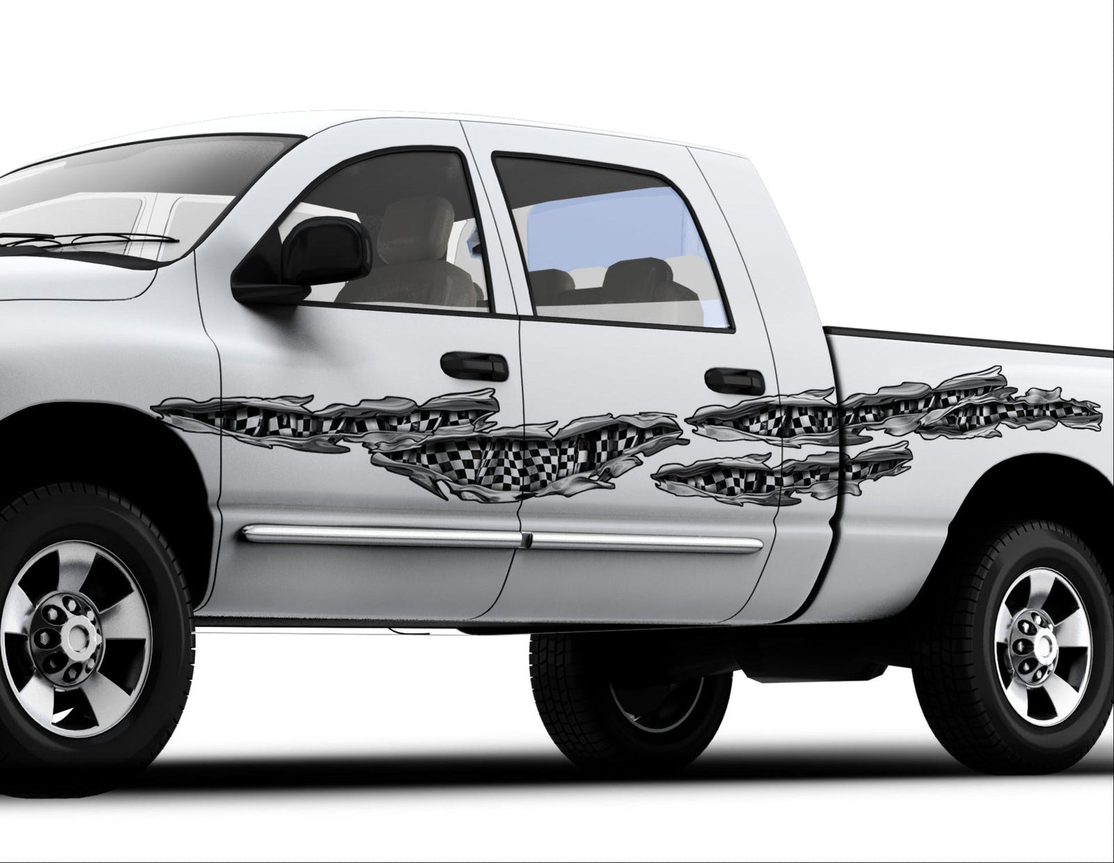 white truck with chrome checkered flag rip decals on driver side