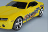 yellow camaro with checkers fire flames tearing out of the driver side vinyl graphics