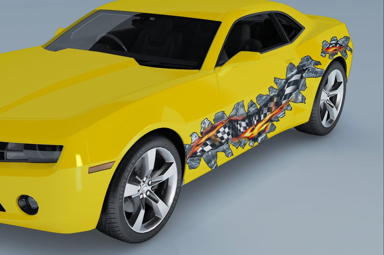 white camaro with checkered flag chrome metal tear showing reavealing checkered flag under it on driver side