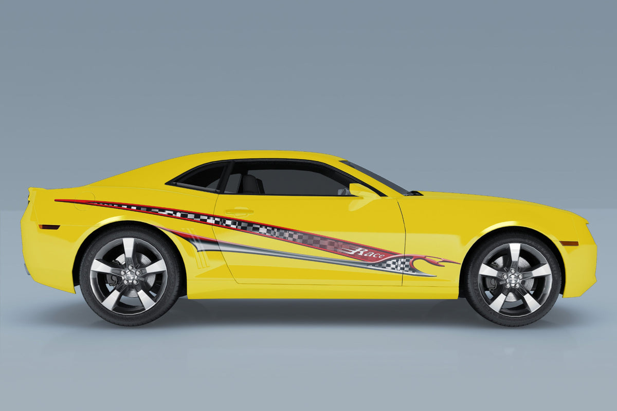 yellow camaro with shark racing stripe decal on passenger side