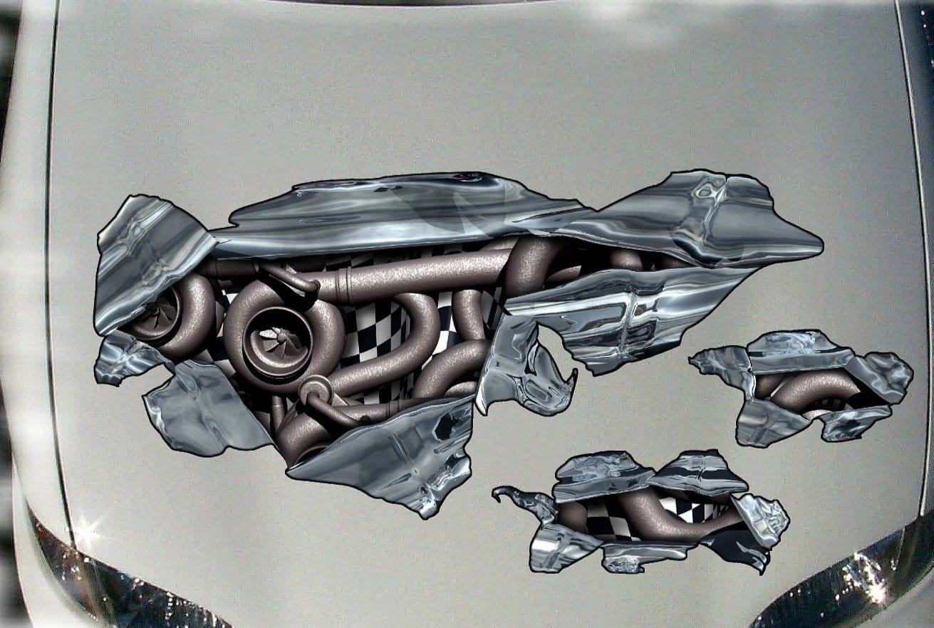 checkered flag and engine pipes tears decals on car hood