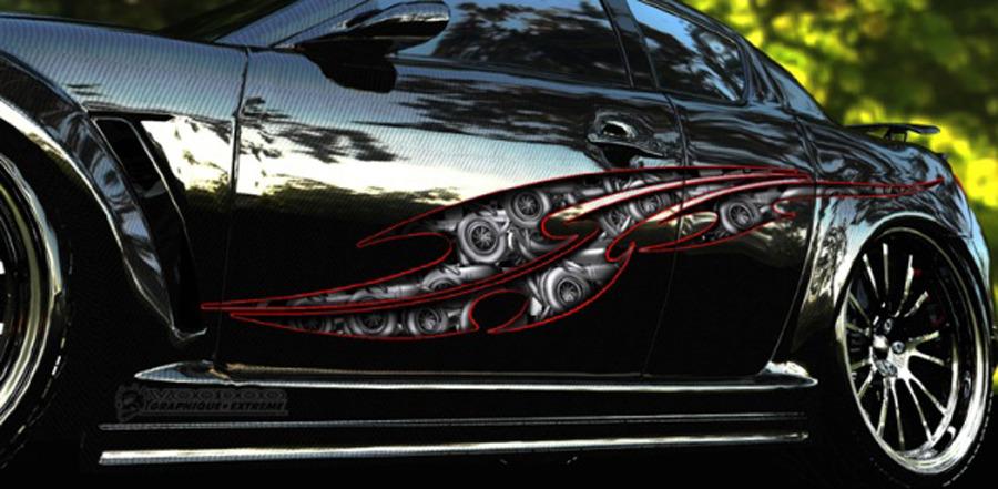tribal steampunk vinyl graphics on black sports car